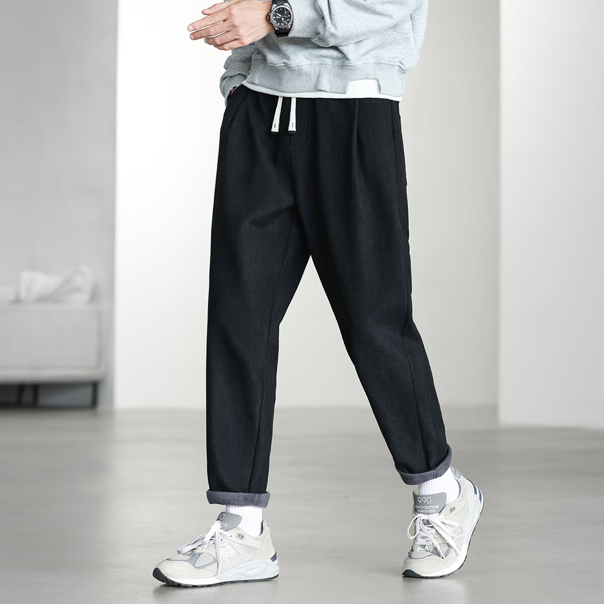 布衣传说【加绒加厚】重磅灯芯绒松紧腰抽绳柔软保暖运动小锥男式休闲裤 黑色 XL