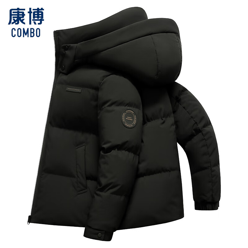 康博情侣款连帽羽绒服拼接时尚休闲面包服外套 黑色 S (165)