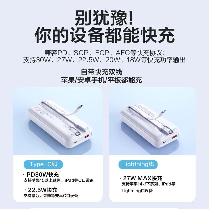 京选京东自有品牌【3C认证可上飞机】充电宝20000毫安30W双向快充电源白色适用苹果华为小米兼容30W