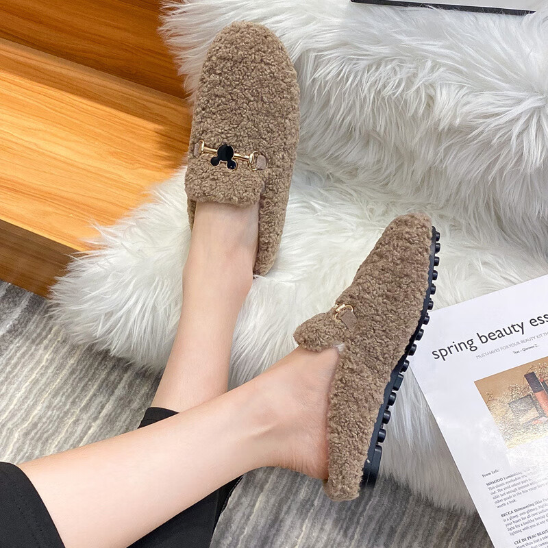 AILUKI日本毛毛鞋女半拖秋冬外穿穆勒鞋加绒包头棉拖鞋平底大码女棉鞋 黑色 33