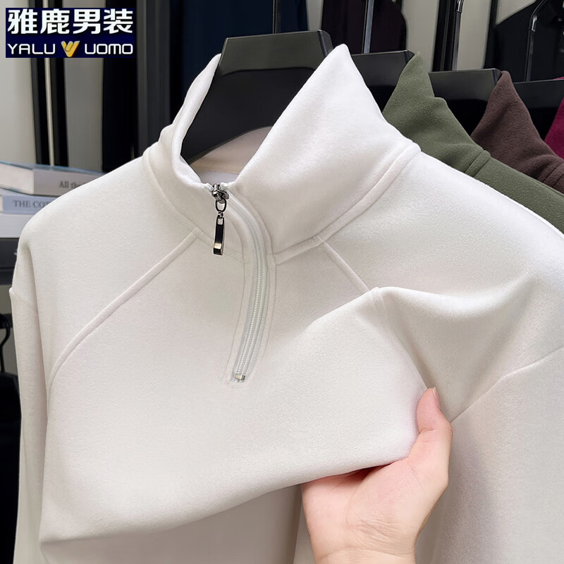 雅鹿男装拉链德绒卫衣男2025年冬季新款商务休闲套头宽松男士保暖衣 白色 2XL (120)(建议150-165斤)