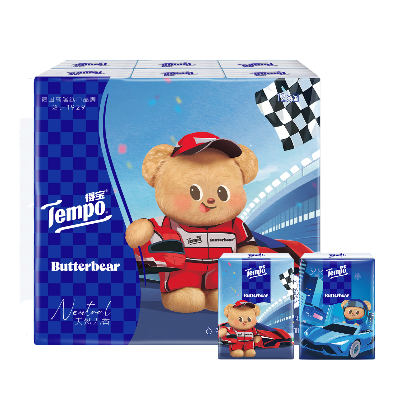 得宝（TEMPO）黄油小熊赛车特别款印花手帕纸 4层加厚7张*12包 纸巾小包 面巾纸