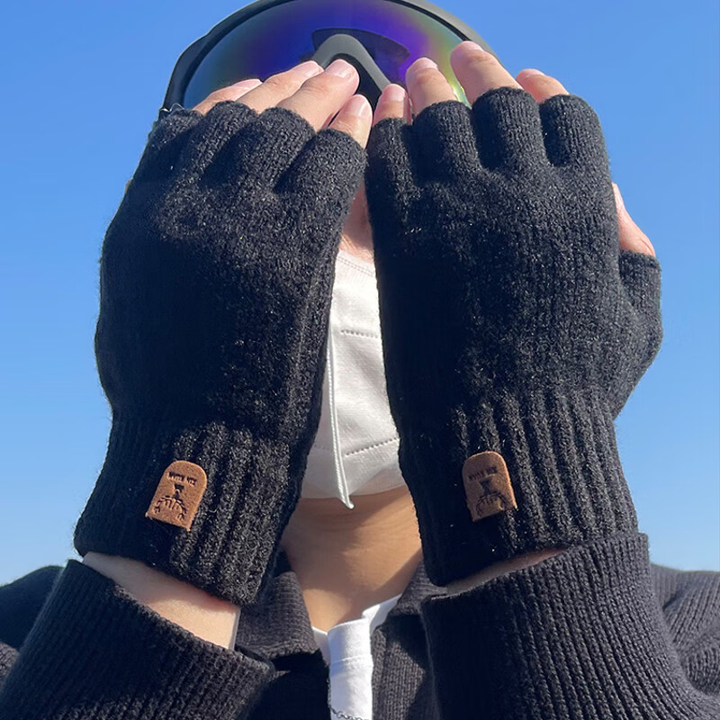 半指手套男露指冬季半截无指骑行开车毛线针织漏指头防寒保暖 黑色-鹿角贴标半指 无规格