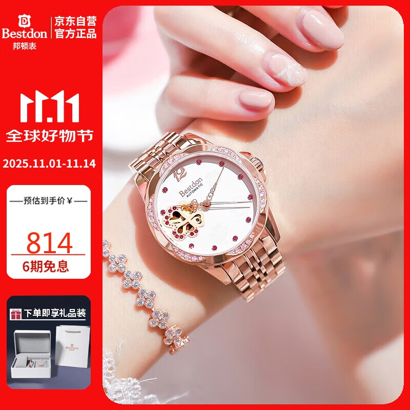 邦顿（Bestdon）手表女时尚国表镂空四叶草防水镶钻机械表送女友BD7194L-B01