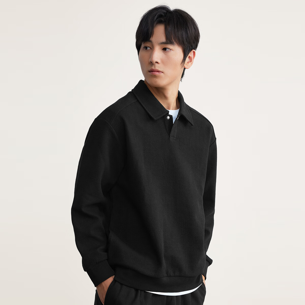 MARKLESS提花面料Polo领卫衣男士一粒扣套头休闲宽松翻领上衣5404 黑色 L