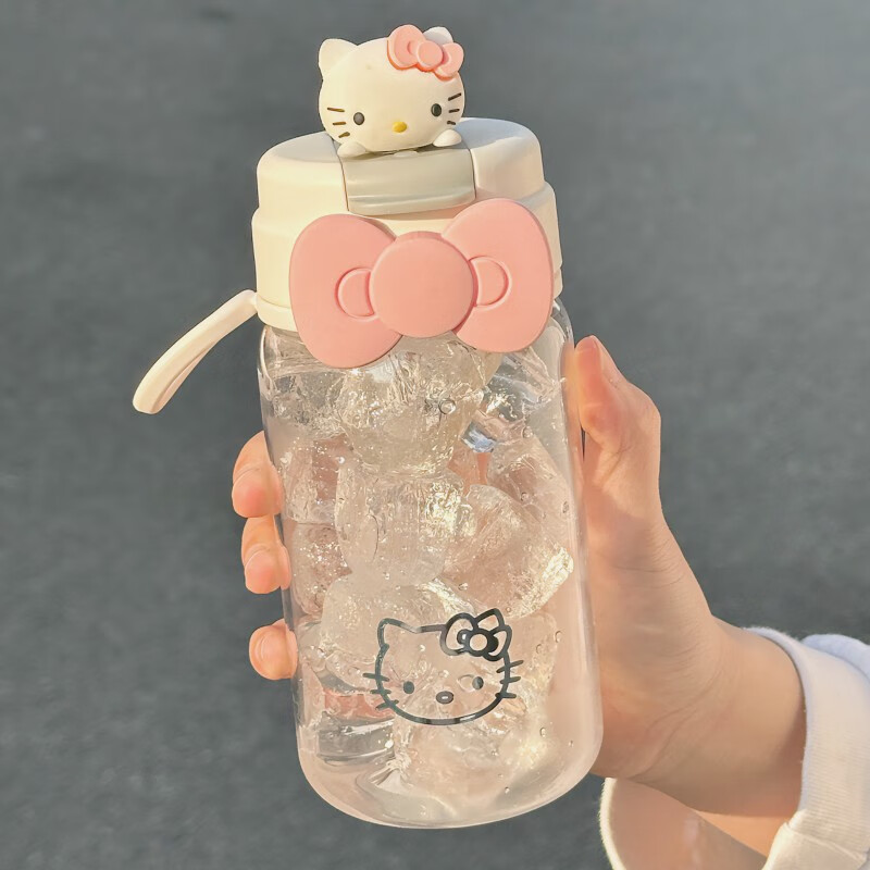 膳魔师(THERMOS)塑料吸管水杯高颜值女生hellokitty夏天刻度杯耐高温学生塑 粉色600ML(赠硅胶蝴蝶结+凯蒂猫贴)