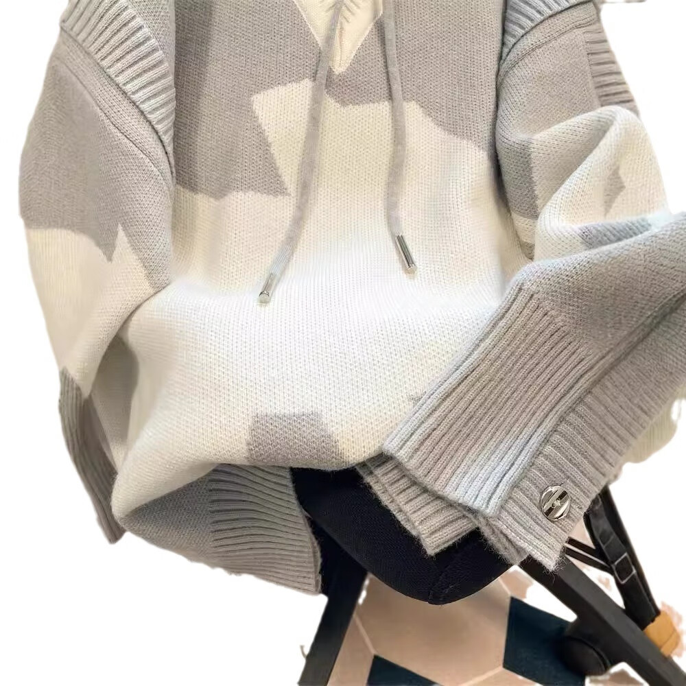 美式设计感小众撞色连帽针织卫衣男女潮牌vintage假两件毛衣外套 灰色 2XL