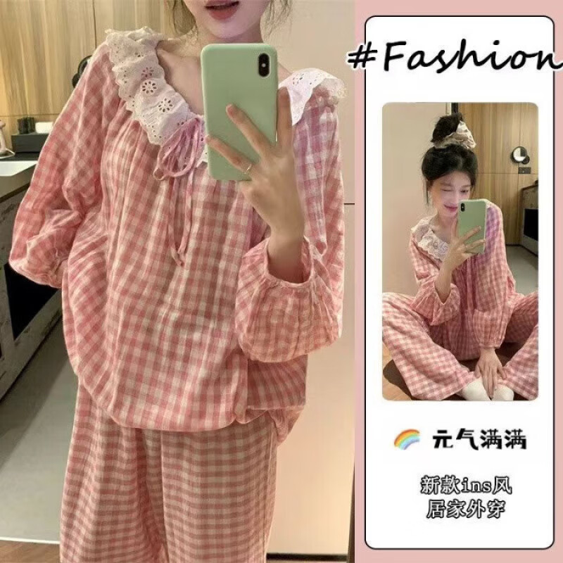 雅鹿睡衣家居服套装女春秋长袖格子甜美少女风女学生两件套长袖长裤 大蓝格碎花 L 【100-120斤】
