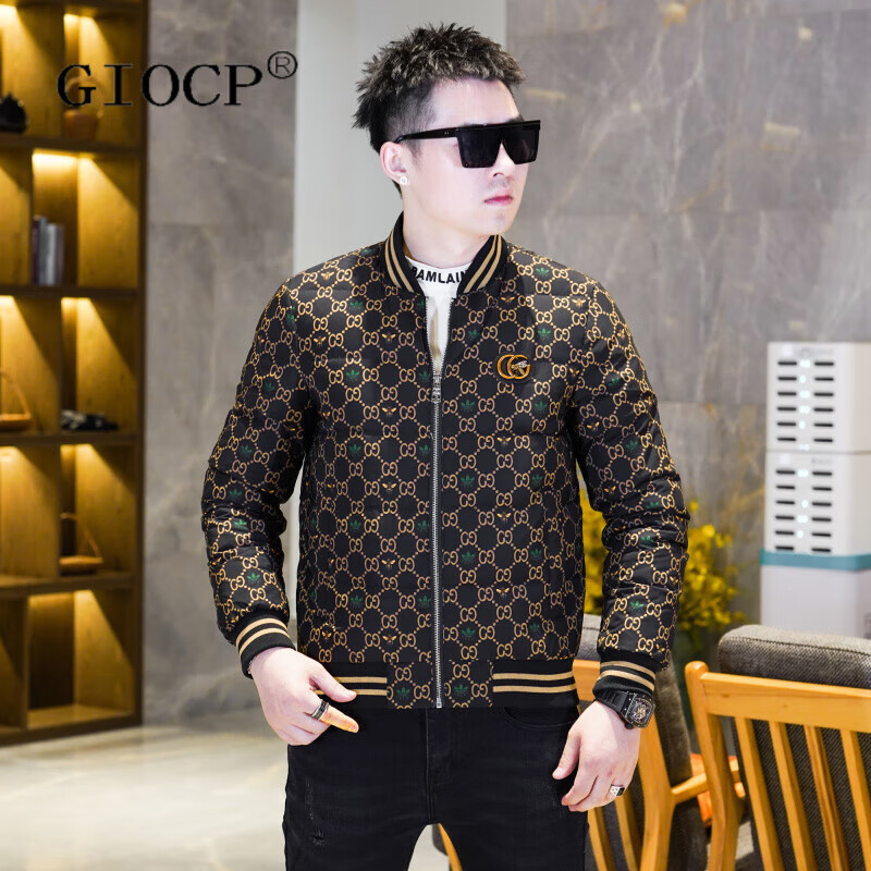 GIOCP香港潮牌新款潮流短款棒球服领羽绒服男士大码休闲时尚印花外套男 黑色 M