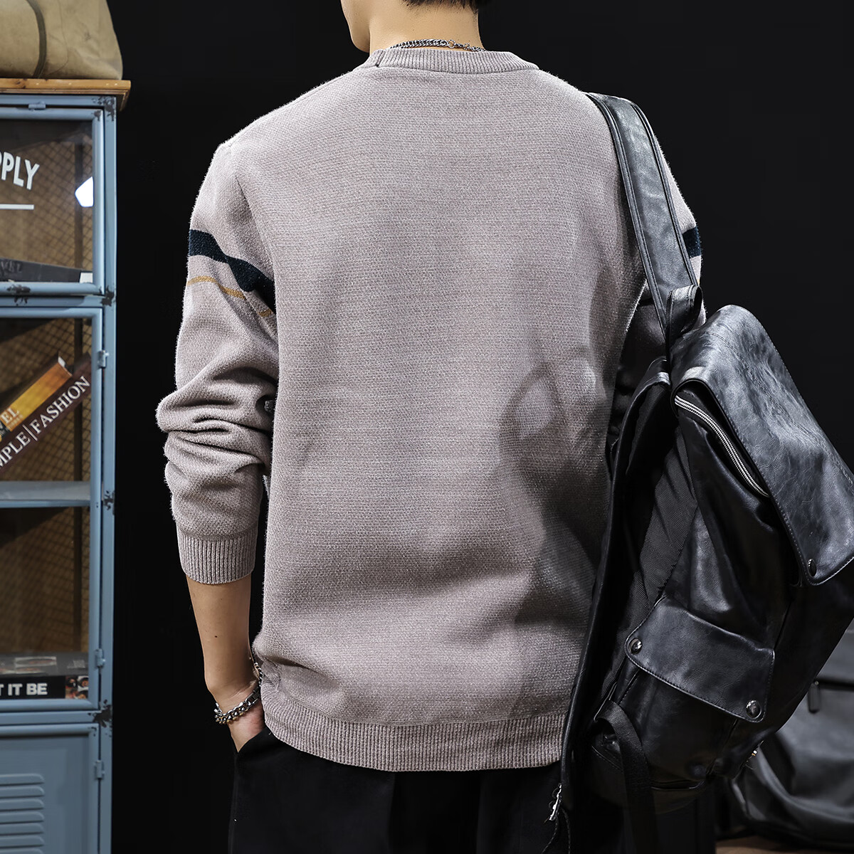 新百伦加绒毛衣男士圆领秋冬款加厚保暖长袖休闲毛线衣内搭上衣男 米灰 加绒 XL 码【建议130-145斤】