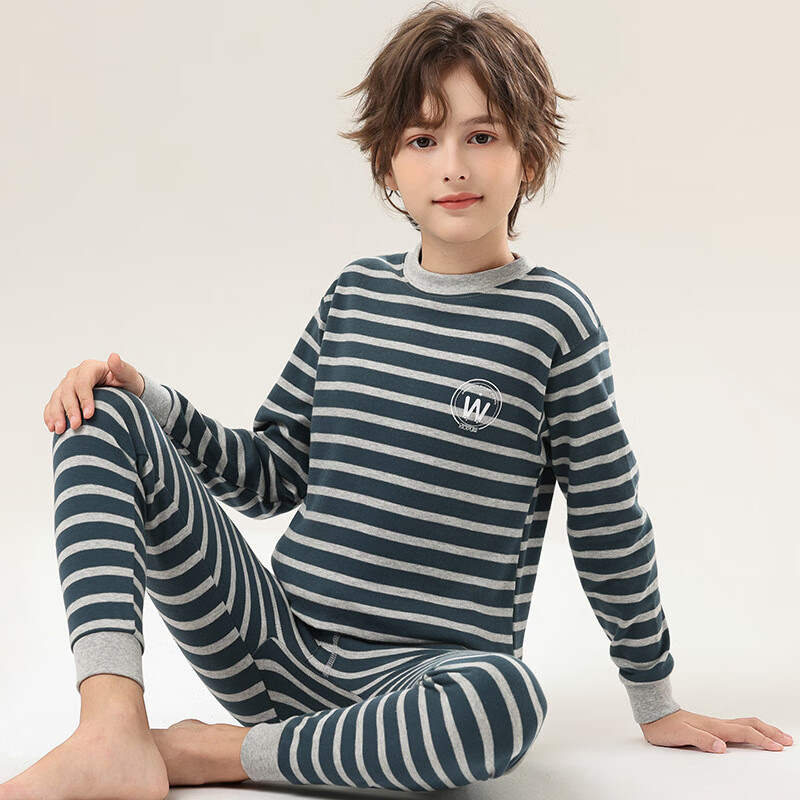 红豆（Hodo）男童保暖秋衣秋裤宝宝全棉毛衫大童睡衣儿童内衣套装纯棉男孩春秋 蓝绿条 130 cm