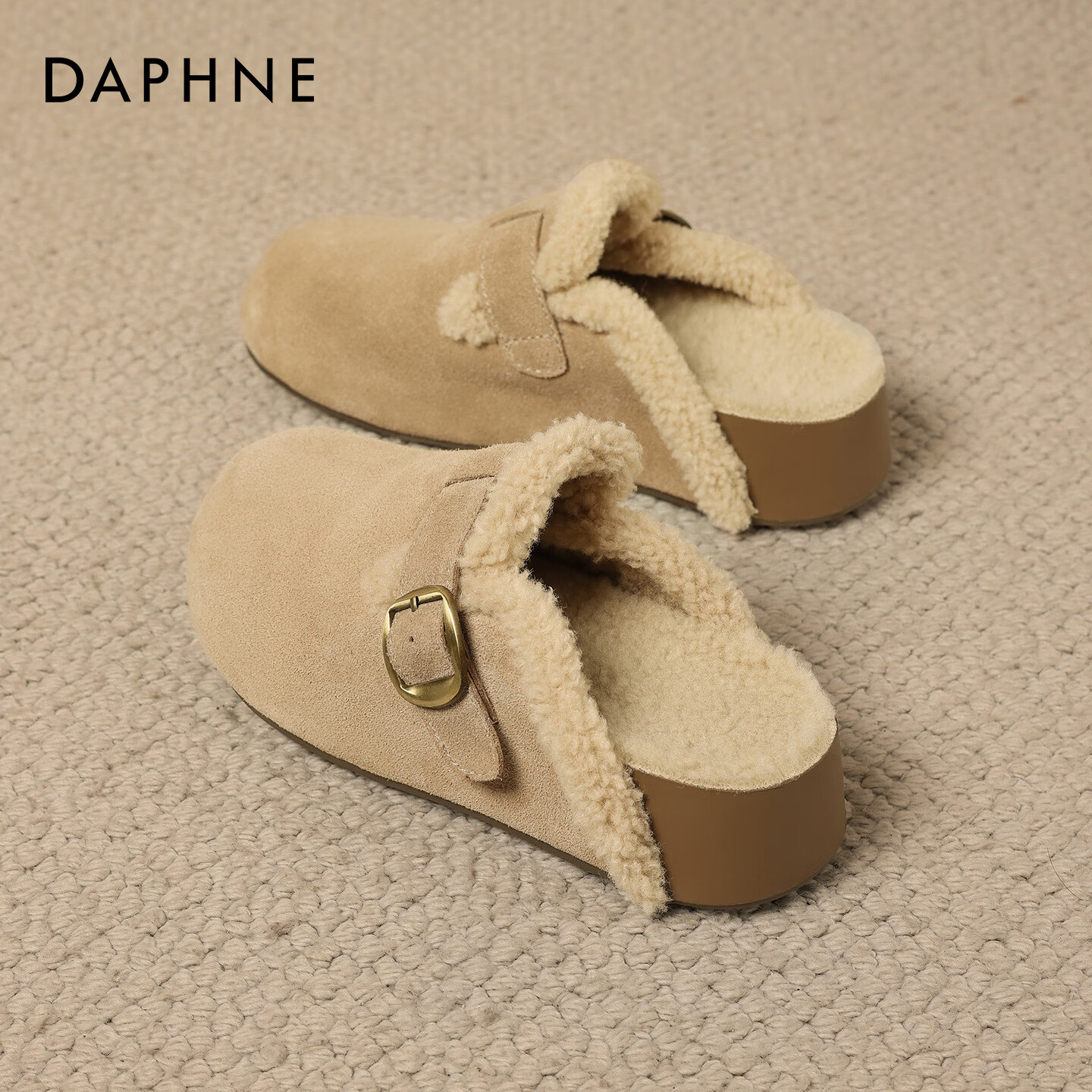 达芙妮加绒勃肯鞋女鞋冬2025新款外穿厚底包头半拖保暖毛毛棉拖鞋