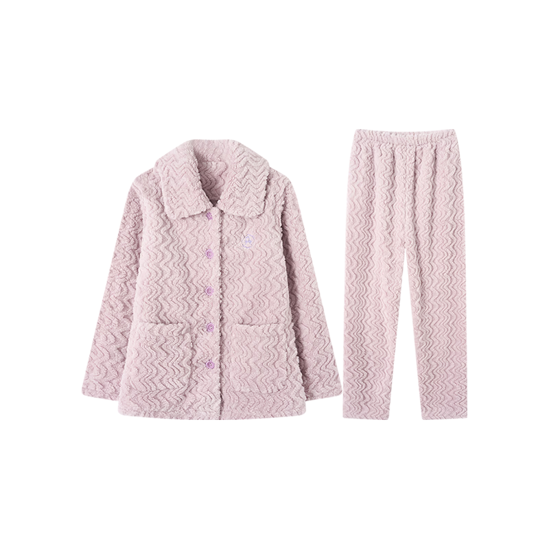 芬腾睡衣女【加厚暖绒】秋冬季少女感保暖翻领开衫长袖家居服套装 香芋紫 L