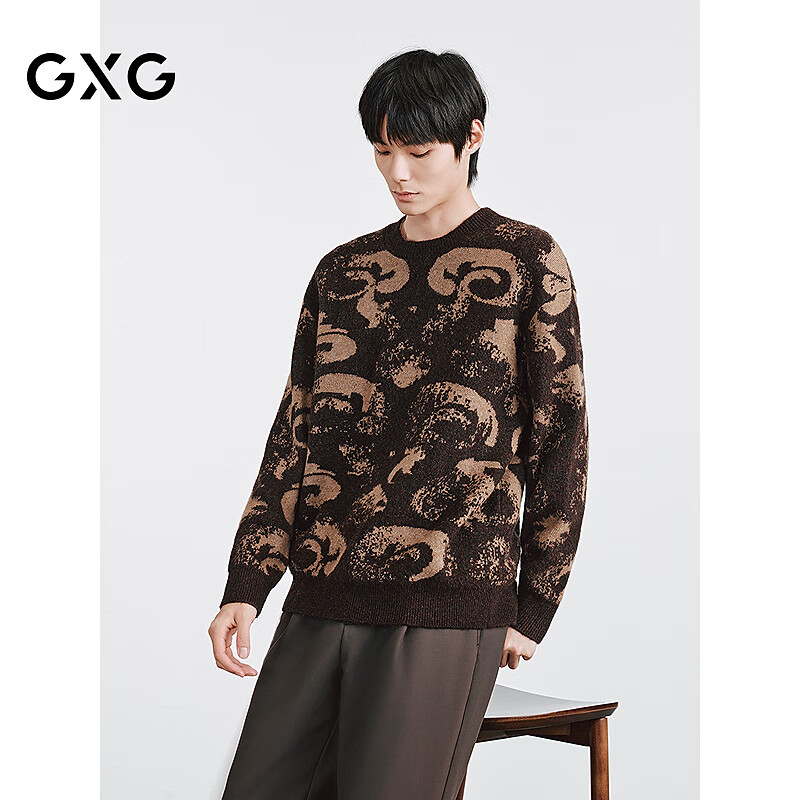 GXG男装 花色含羊毛线衫男士休闲通勤圆领毛衣  2025冬季新品 咖啡色 M