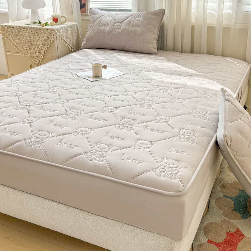 雅鹿加厚夹棉床笠防尘绗缝床罩三件套隔脏床盖床垫保护套床上用品 小熊夹棉床笠-山灰【蓬松柔软 四季通用】 180*200cm单床笠