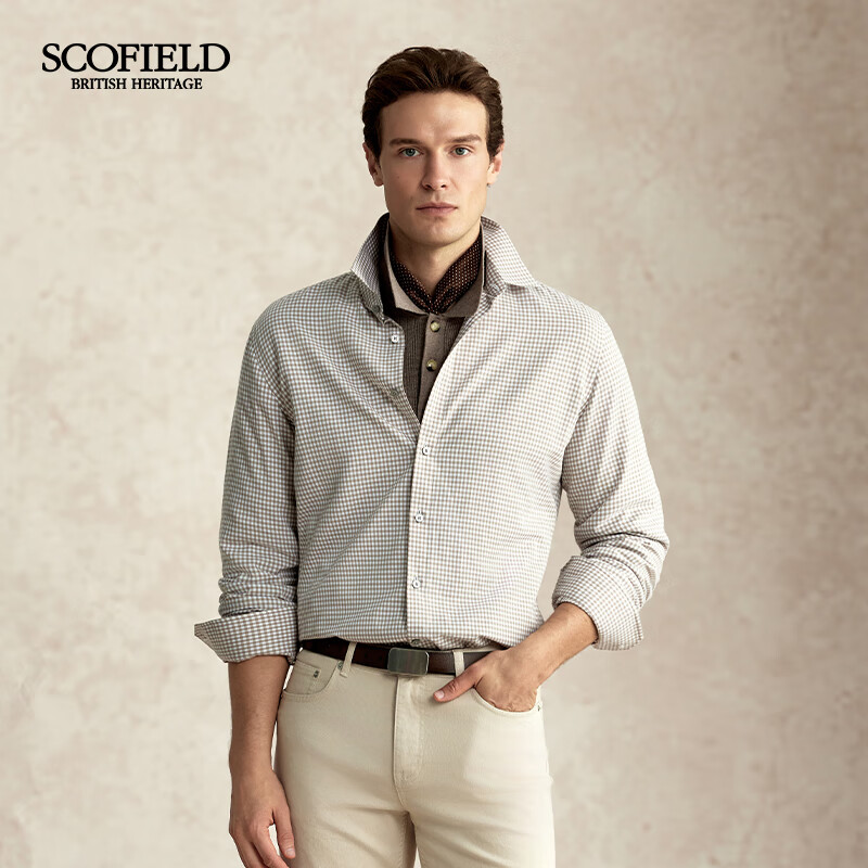 Scofield男装秋季新款商务休闲潮流时尚小格子亲肤长袖衬衫 米色 XL （180）