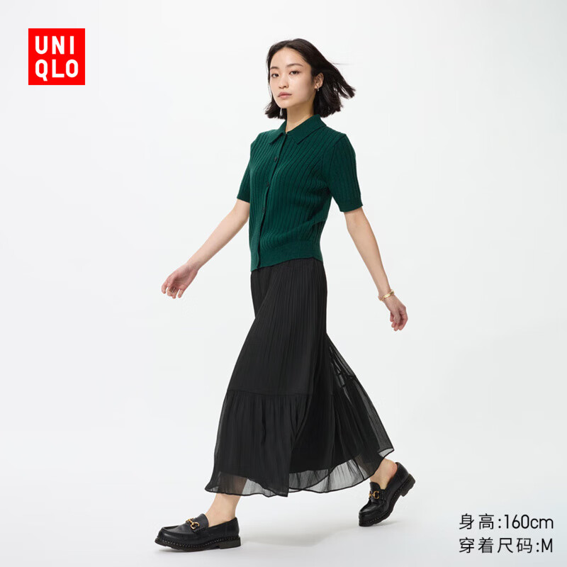 优衣库女装雪纺长裙层叠半身裙裙子偏短款480747 09 黑色 XL /165/76A