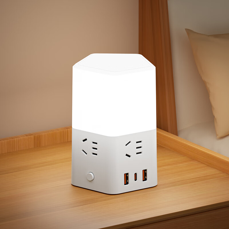 新款正品床头灯纯铜插座带小夜灯卧室喂奶灯多功能带USB接线板 五插位带3USB【带夜灯可三档调色】2.8米