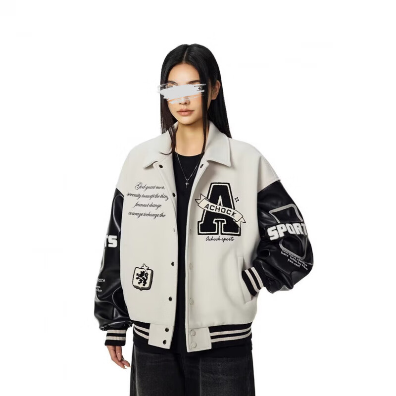 POUM男装美式高街PU皮衣机车外套男女春秋新款宽松短款刺绣潮牌夹克 GHFS-842米杏色 夹棉款 XL 【身高175-180体重60-70】