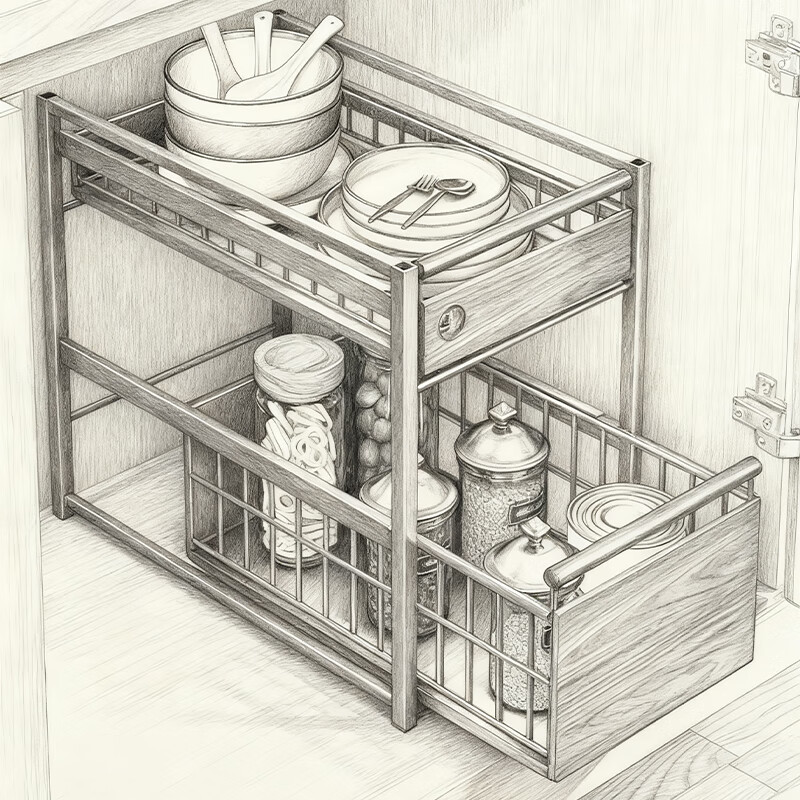 尔思家厨房下水槽置物架多功能调料碗碟抽拉式水池收纳架橱柜拉篮分层架 胡桃色【进口实木】