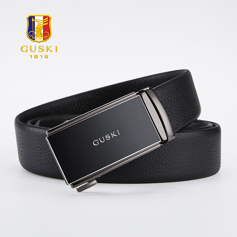 古士旗（GUSKI）法国品牌皮带男士真皮腰带牛皮自动扣高端礼盒生日礼物送男友 【专柜礼盒】枪色磨砂680066F 115cm -130cm随机长度(可修剪)