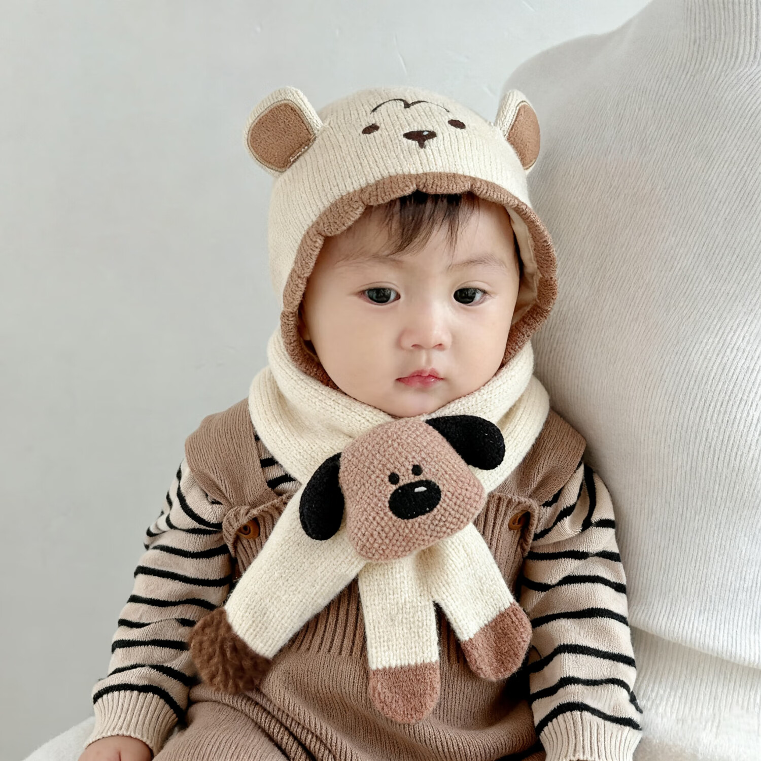 贝娜茜婴儿帽子秋冬季宝宝毛线帽婴幼儿男护耳针织帽加厚新款小冬季保暖 小熊熊-米色+围巾 6-18个月（44-48CM）
