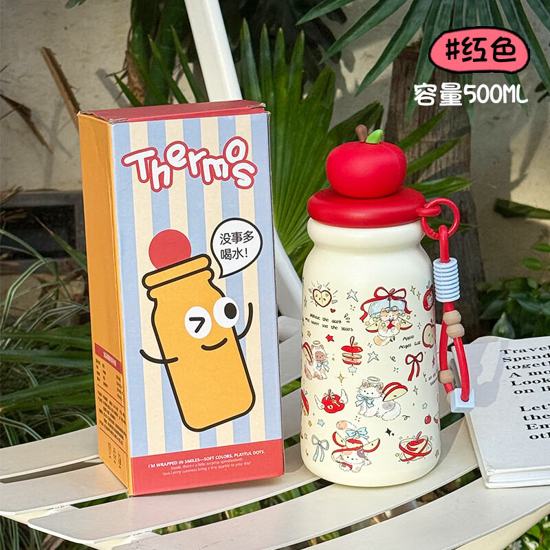 恒度原创苹果小狗保温杯女生新款高颜值316不锈钢杯子可爱吸管杯水杯 红苹果天使小猫