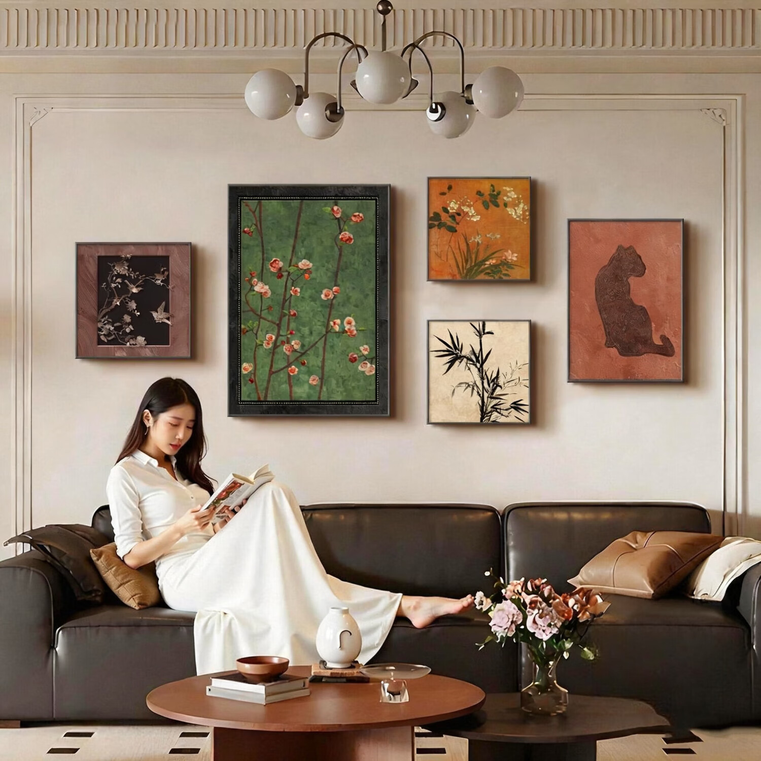 柒个画师中古风绿色客厅装饰画法式复古沙发背景墙挂画高级感大气组合壁画 Z7434-中古集序 35*35/50*70/30*30/30*30/35*50 高清防水油画布【布纹肌理，质感十足】 轻奢金【PS环保画框】