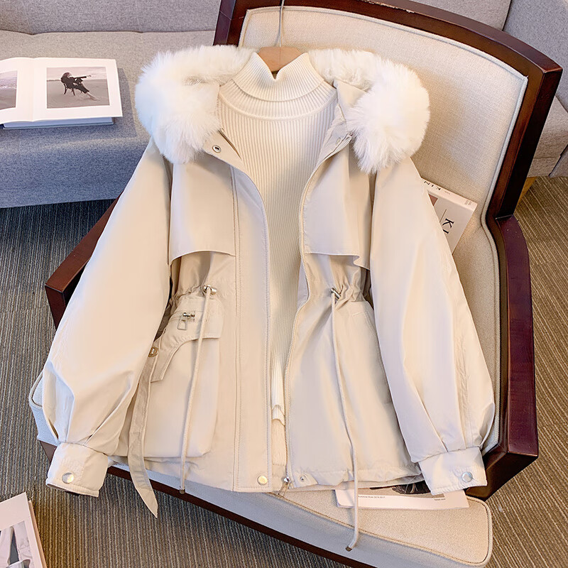 爱依服名品派克服女冬季加绒棉服年新款收腰显瘦小个子加厚棉衣棉袄外套 米白色 M