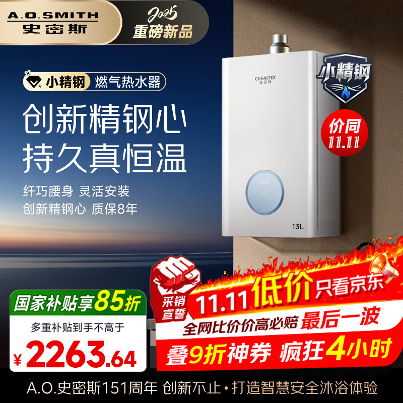 史密斯（A.O.SMITH）佳尼特【小精钢TCA1】13升精钢燃气热水器 国家补贴 JSQ26-TCA1 持久恒温大水量 新品