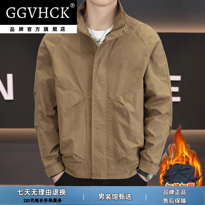 GG VH CK品牌轻奢夹克男士秋季新款立领简约商务休闲工装外套男装春秋款 黑色【加棉款】 4XL