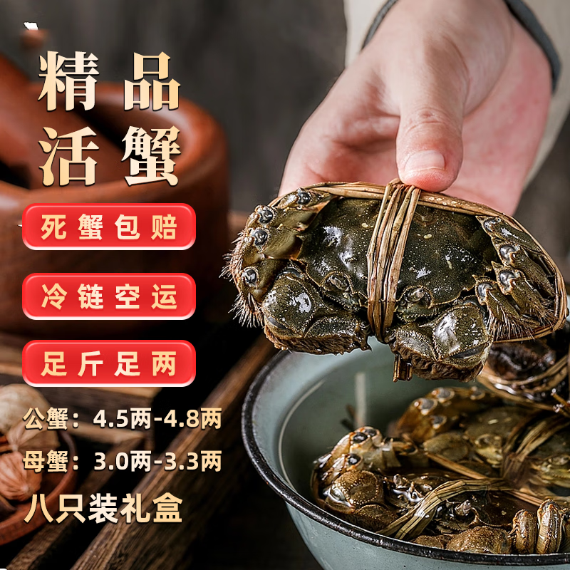 【活蟹】隆上记大闸蟹公4.5-4.8两母3.0-3.3两4对8只 去绳足重鲜活螃蟹生鲜礼盒