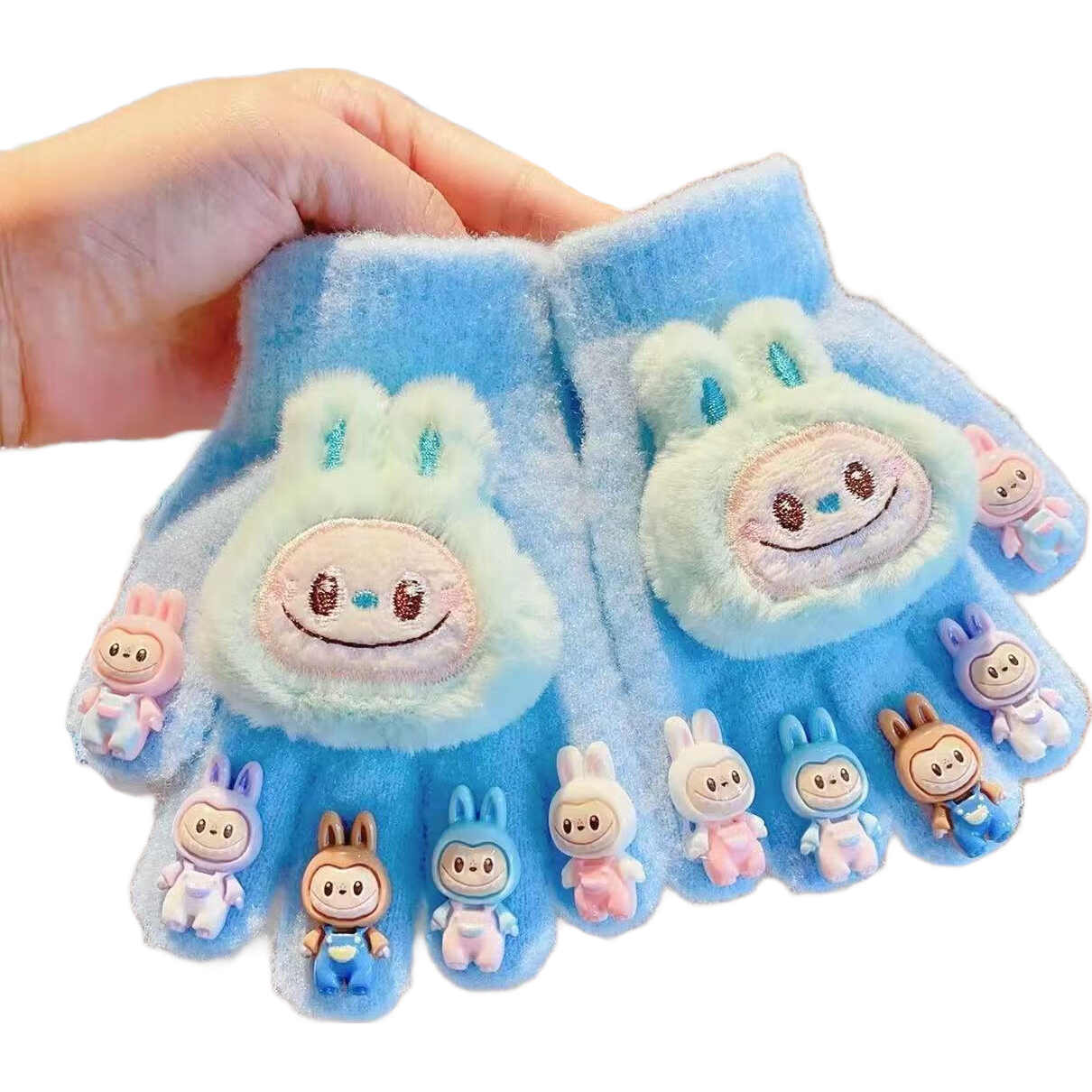 【拉布布】儿童手套秋冬季加绒保暖小学生萌趣可爱全指套五指套 粉红色 粉色拉布布【1双】