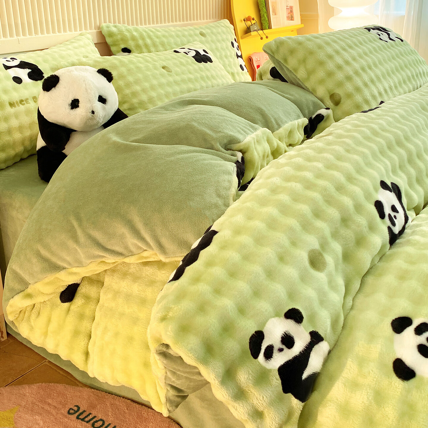 苏萱A类兔兔绒牛奶绒冬季床上四件套双面毛绒珊瑚加绒被套床单三件套4 兔绒印花-熊猫宝宝 1.8m 床笠款 四件套-被套200x230cm