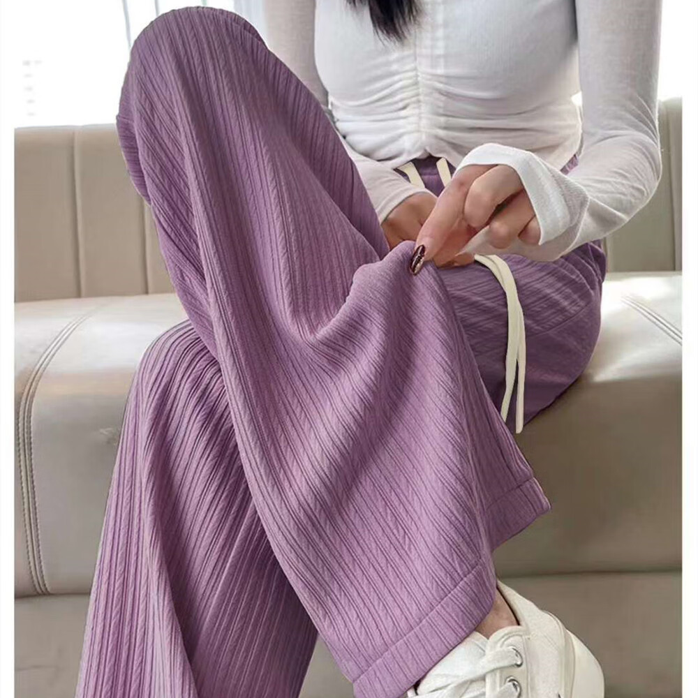 BURQAMARCH云朵泡芙裤窄版阔腿裤女士秋季高腰垂感裤子mm显瘦宽松直筒休闲裤 紫色 均码 (80-140斤)