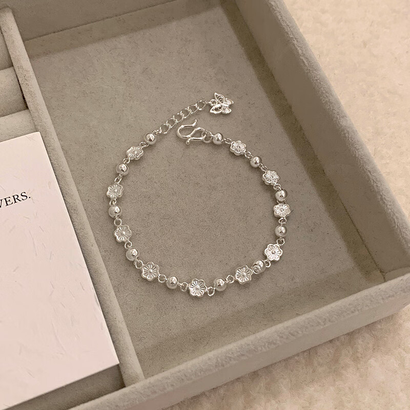 老银匠s999纯银花朵桃花蝴蝶手链轻奢小众精致温柔高颜值学生党银饰 s999足银 桃语心链