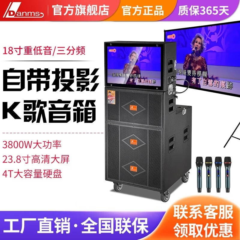 丹唛仕 户外K歌音响自带投影仪幕布大功率移动线阵直播演唱语音点歌18英寸广场舞K歌音箱 H9700(带投影机幕布套装)+大礼包