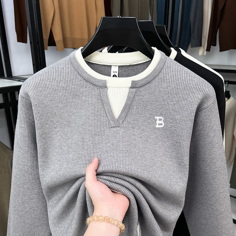 BURBERRY巴寶莉 冬季長(cháng)袖t恤男士羊毛毛衣大碼休閑保暖打底衫 灰色 2XL 180碼建議體重156~169斤