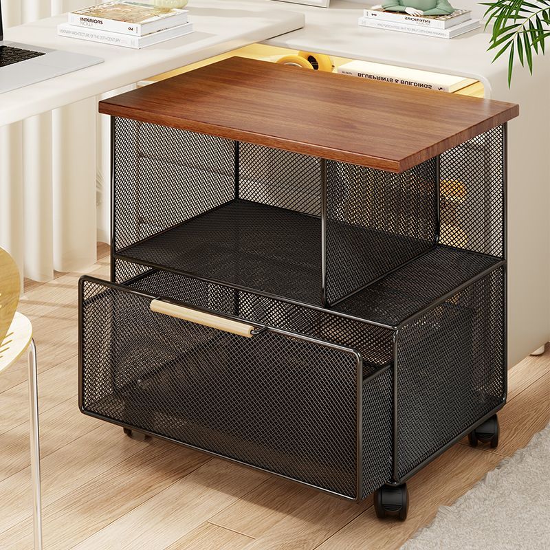 海诗圣堡桌下可移动资料收纳柜落地文件整理抽屉式带轮小推车办公室置物架 黑架柚木板