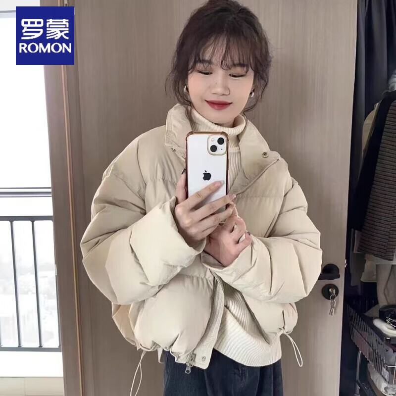 罗蒙（ROMON）2025年新款冬季女韩版立领短款加厚羽绒服小个子宽松面包服肯豆风 米白色 M  建议85-105斤