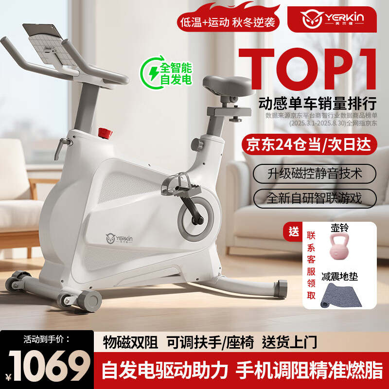 英尔健家用动感单车智能磁控静音运动减肥健身器材室内脚踏车健身单车 [尊享款]自发电+手机智能调阻