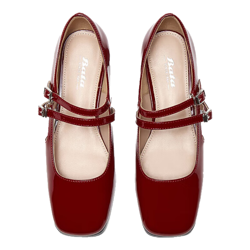 拔佳中空涼鞋女2024春牛皮粗跟復(fù)古瑪麗珍單鞋YA461AK4 紅色 38