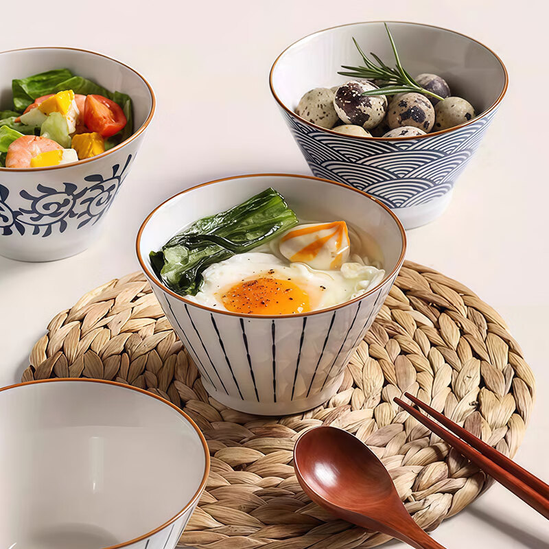 几物森林复古风5英寸斗笠碗家用创意高脚釉下彩日式陶瓷餐具饭碗面碗小碗 唐草5英寸斗笠碗【混色四只装】