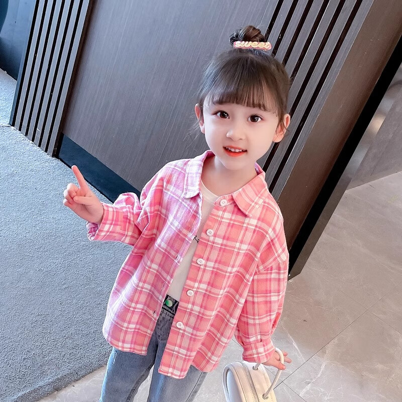 森用女童格子衬衫春季2025新款长袖洋气春秋款女宝宝儿童上衣春装衬衣 粉色小兔衬衫 100 建议身高95cm