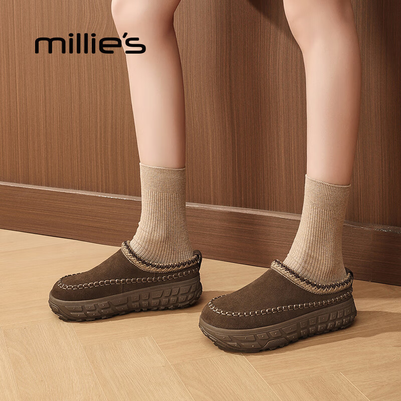 妙丽（Millies）勃肯鞋女厚底加绒复古时尚一脚蹬2025冬季新款百搭包头半拖鞋 咖色 36 (230mm) 标准码