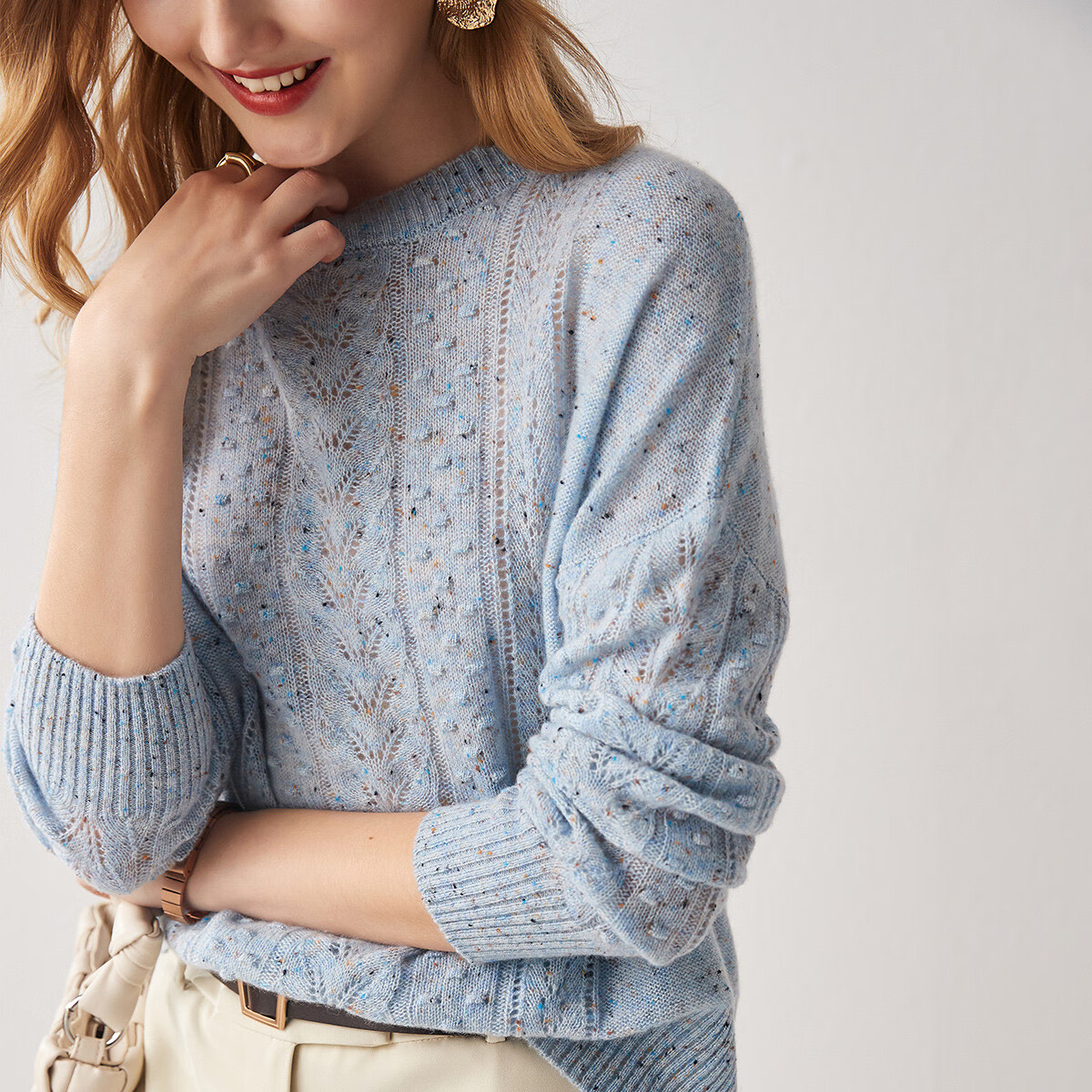 帕罗（PALUOPO）【100%山羊绒】秋冬镂空绞花设计淑女宽松气质针织羊绒衫女 天兰彩点 M 100