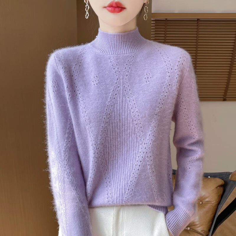 香影芬100%纯羊毛衫女一线成衣加厚半高领镂空钩花羊毛衫宽松毛衣打底衫 白色 2XL (建议125-135斤)