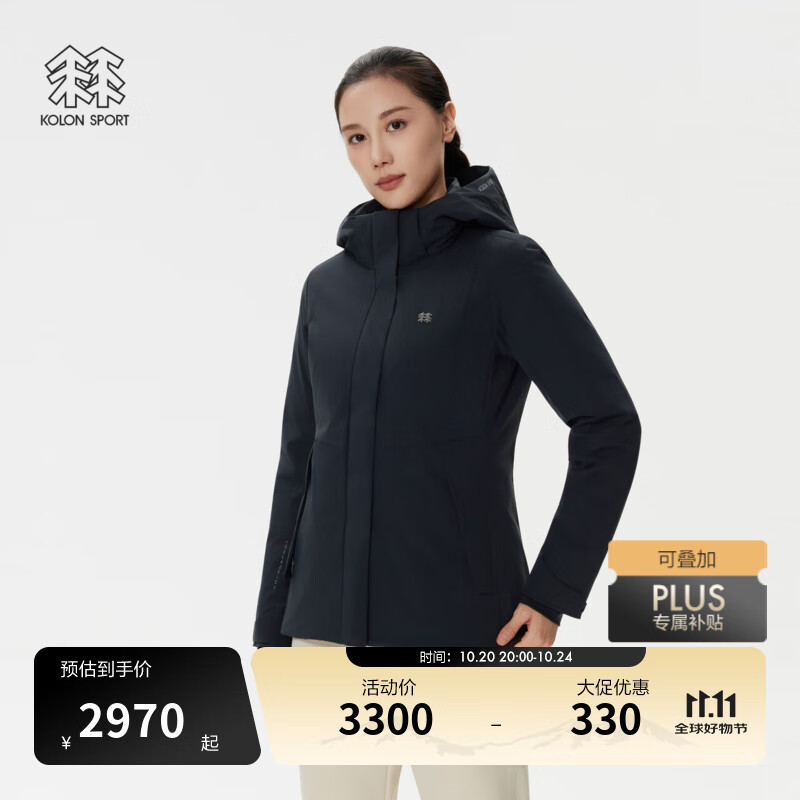 KOLON SPORT/可隆MIST轻量羽绒服 女士防水防风户外连帽轻薄鹅绒夹克 LKDJ5WNT20-BK 黑色 M 165/88A