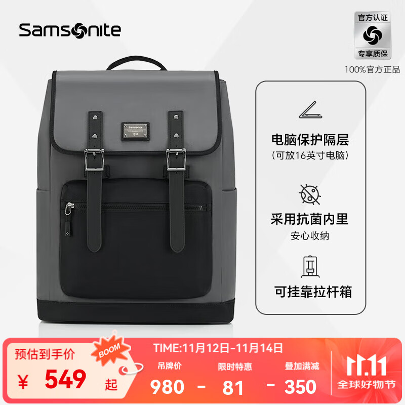 新秀丽（Samsonite）时尚升级潮流旅行背包户外出行休闲双肩包通勤电脑包翻盖男TR1 灰色