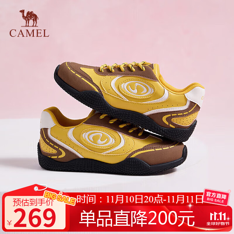 骆驼（CAMEL）月牙2.0德训鞋女多色拼接增高运动休闲鞋 L25S577059C 黄/棕 35